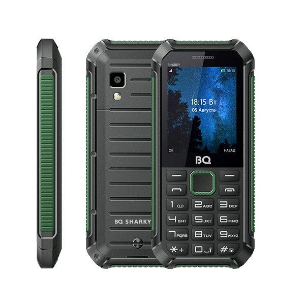 Мобильный телефон 2*SIM BQ BQ-2434 SHARKY, GSM900/1800/1900, 2.4" 320*240, камера 0.08Мпикс, SDHC-micro, BT, диктофон,  MP3 плеер, пыле-влагозащищенный IP65, 59.5*130.5*27.8мм 141г, хаки-черный