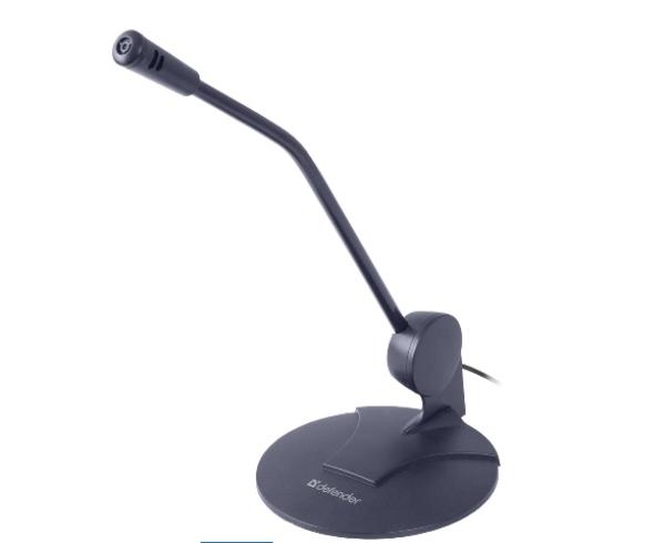 Микрофон на подставке Defender MIC-117, 20..13000Гц, кабель 1.2м, MiniJack, 54дБ, кнопка вкл/выкл, регулировка угла наклона, черный