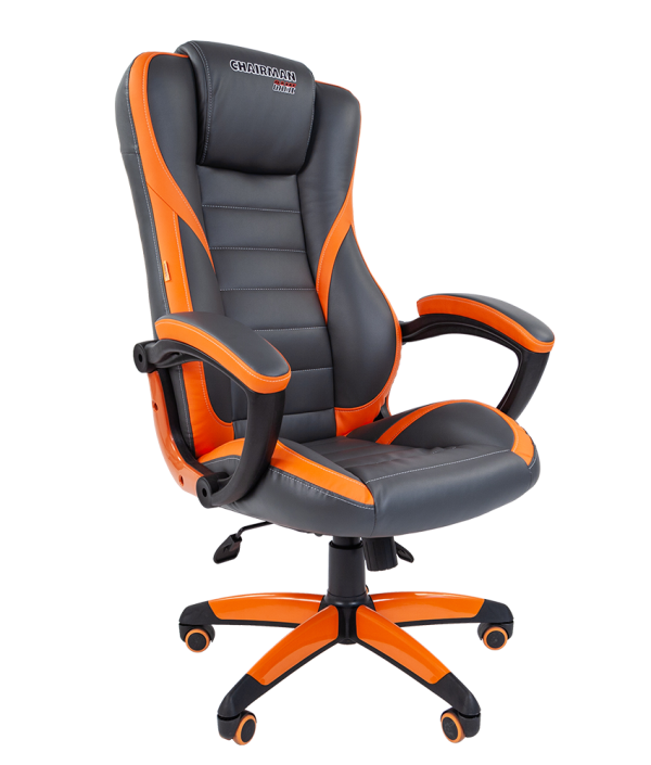 Кресло геймерское Chairman game 22, серый-оранжевый, экокожа, эргономичное, механизм качания TG, подлокотники закругленные, крестовина - пластик, регулировка высоты-газлифт, до 120кг