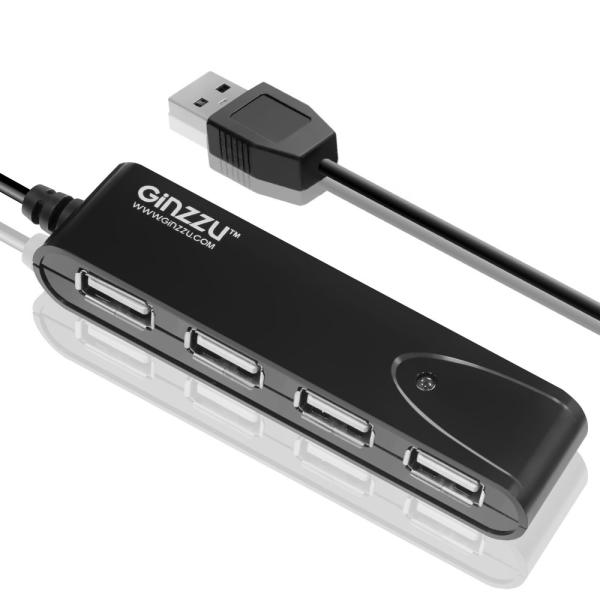 Разветвитель USB2.0  4*AF Ginzzu GR-424UB, пассивный, пластик, черный
