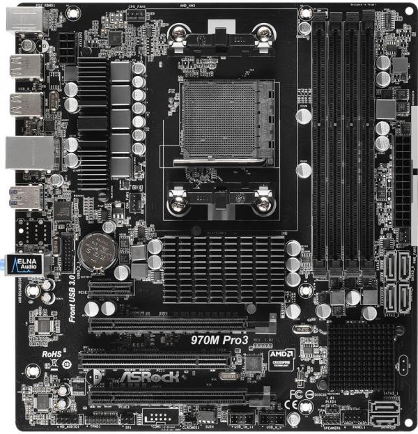 Материнская плата AM3+ ASRock 970M Pro3, AMD 970/SB950, 4DDR3 2400, 2*PCI-E2.0x16, PCI-E2.0x1, PCI, 6*SATAIII, Звук 7.1 SPDIF, 6*USB2.0/2*USB3.0, LAN, mATX