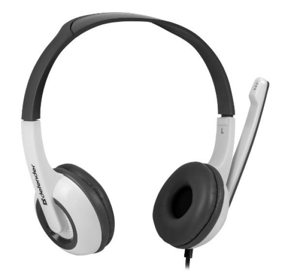 Наушники с микрофоном проводные дуговые закрытые Defender Esprit 055, 40мм, 18..20000Гц, кабель 2м, 2*MiniJack/MiniJack(4pin), регулировка громкости, белый-серый