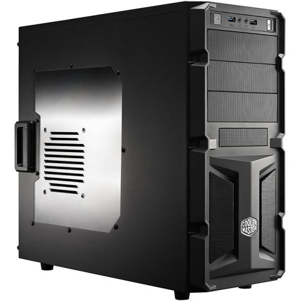 Корпус ATX MidiTower CoolerMaster РЕТ K350 (GM-K350-KWP550), Без БП, 3*5.25"+1(6)*3.5"+0(1)*2.5", Audio/2*USB2.0, 1(4) вент., окно, черный