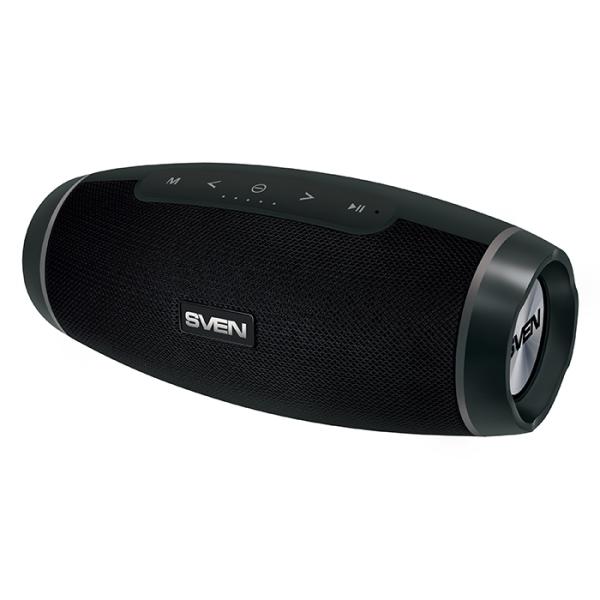 Колонки  Bluetooth  мобильные с MP3 плеером Sven PS-230, 12Вт, 100..22000Гц, линейный вход, FM-радио, SD-micro, аккумулятор, пластик, 227*103*100мм 700г, черный