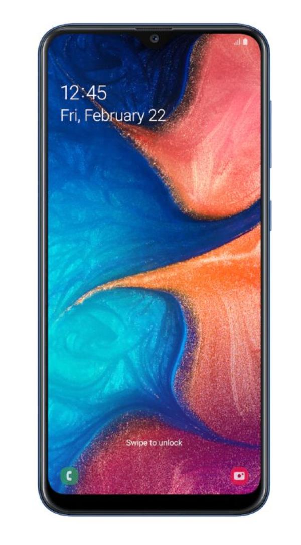 Смартфон 2*sim Samsung Galaxy A20 (SM-A205FZBVSER), Samsung 8*1.6ГГц, 32GB 3GB, AMOLED 6.4" 1560*720, SD-micro, 4G, WiFi, NFC, 3 камеры 13+5/8Мпикс, Android 9, 4000мАч, 74*158*7.8мм 169г, синий