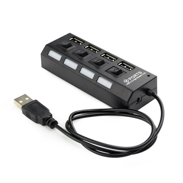 Разветвитель USB2.0  4*AF Gembird UHB-243-AD, пассивный, выключатель на каждый порт, пластик, черный