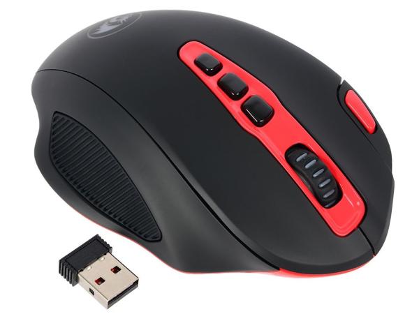 Мышь беспроводная лазерная Redragon Shark, USB, 10 кнопок, колесо <>, FM 15м, 7200/100dpi, 2*AA, подсветка, программируемая, черный-красный, 74828
