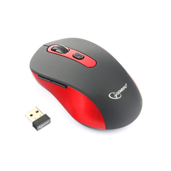 Мышь беспроводная оптическая Gembird MUSW-221-R, USB, 6 кнопок, колесо, FM 10м, 1600/1200/800dpi, 1*AA, черный-красный