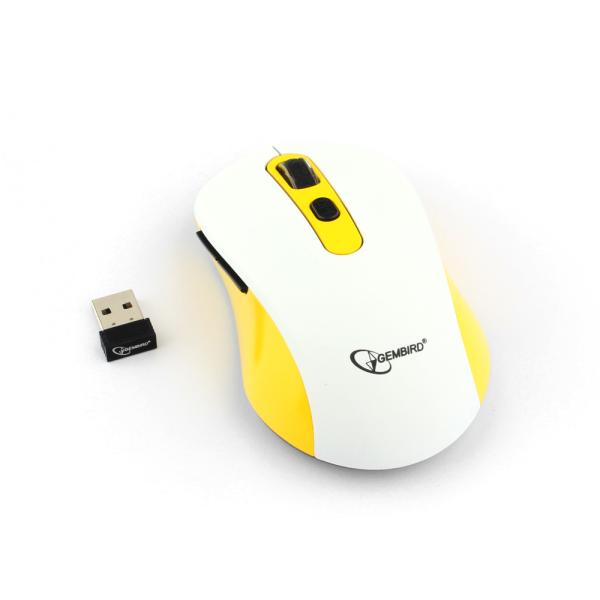 Мышь беспроводная оптическая Gembird MUSW-221-Y, USB, 6 кнопок, колесо, FM 10м, 1600/1200/800dpi, 1*AA, белый-желтый