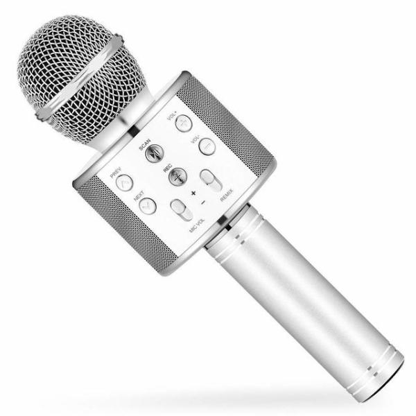 Микрофон караоке беспроводной WS-858 Silver, 3Вт, 100..10000Гц, Bluetooth 3.0, MiniJack/USB/MicroSD, эффекты/запись, Li-ion/1000мАч/5ч, серебро