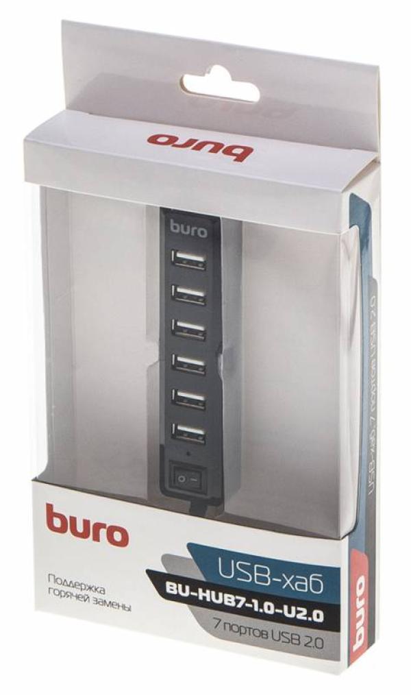 Разветвитель USB2.0  7*AF Buro BU-HUB7-1.0-U2.0, пассивный, пластик, черный
