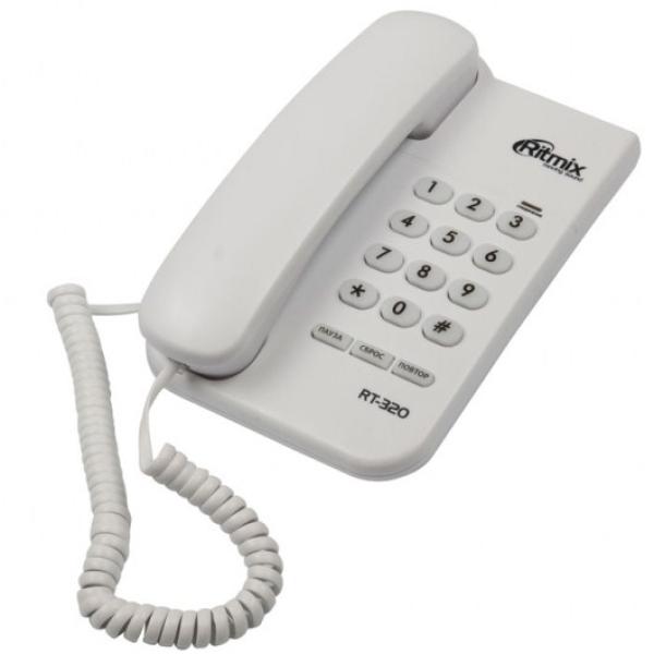 Телефон Ritmix RT-320, повтор, отключение микрофона, индикатор звонка, регулировка громкости звонка, возможность установки на стене, белый