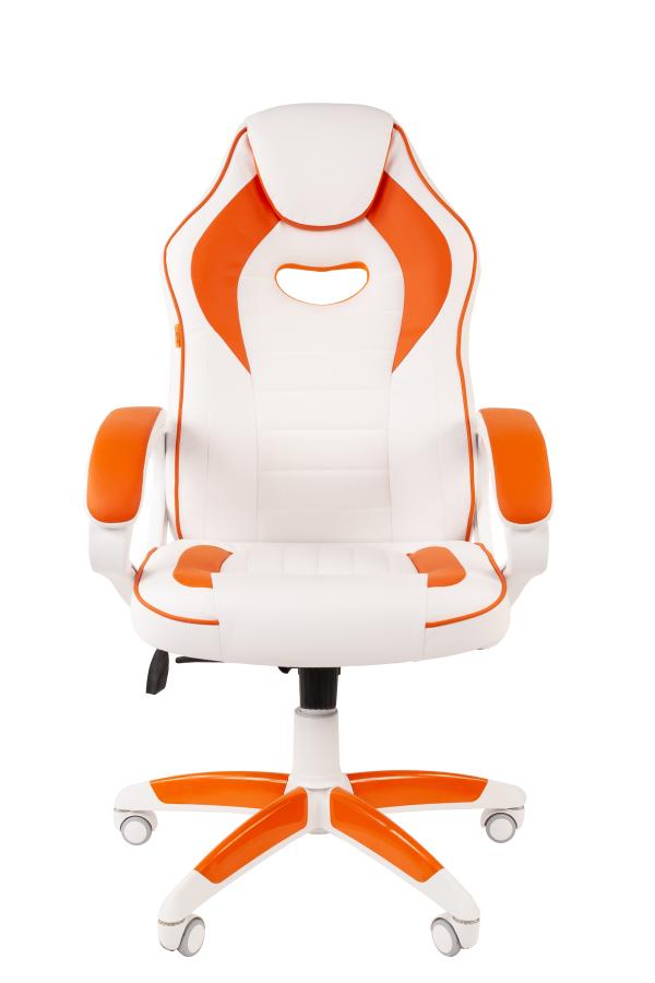 Кресло геймерское Chairman game 16, бело-оранжевый, экокожа, ткань-сетка, эргономичное, механизм качания TG, подлокотники закругленные, крестовина - белый пластик, регулировка высоты-газлифт, до 120кг