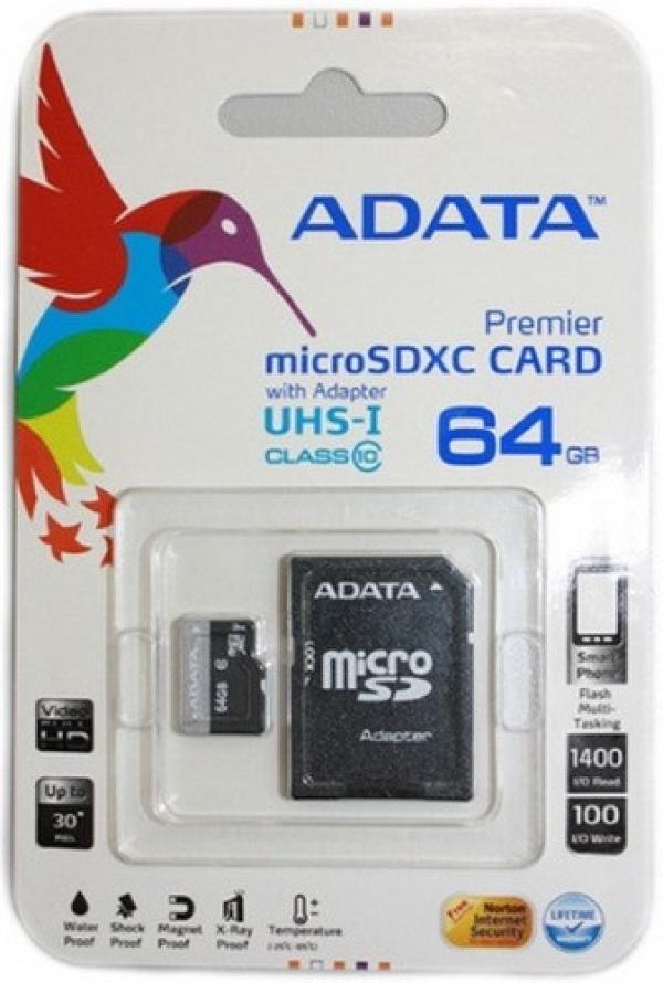 Карта памяти SDXC-micro  64GB A-Data Premier AUSDX64GUICL10-RA1, 50/10МБ/сек, class 10 Ultra, UHS-I U1, адаптер SD