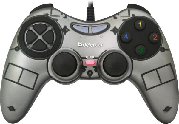 Игровой манипулятор GamePad для PC Defender Zoom, USB, вибрация, 4 позиции, 7 кнопок, 2 аналоговых джойстика, 4 курка, серебристый, 64244