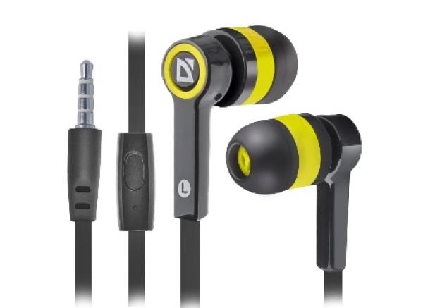 Наушники с микрофоном проводные вставные Defender Pulse 420, 20..20000Гц, кабель 1.2м, MiniJack, черный + желтый, арт.63421