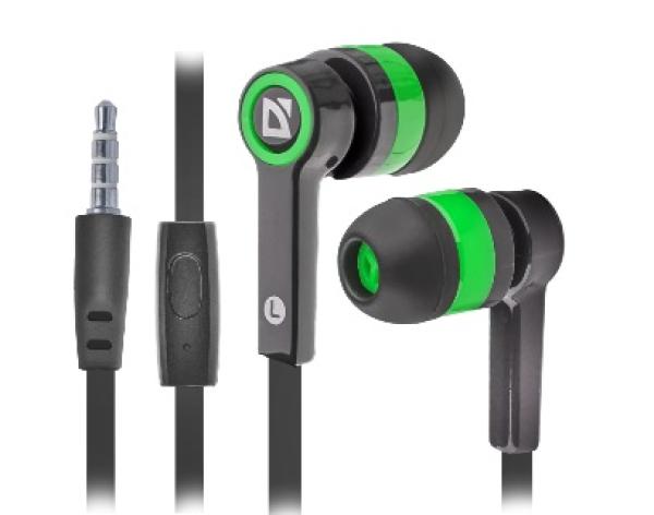 Наушники с микрофоном проводные вставные Defender Pulse 420, 20..20000Гц, кабель 1.2м, MiniJack, плоский кабель, черный + зеленый, арт.63422
