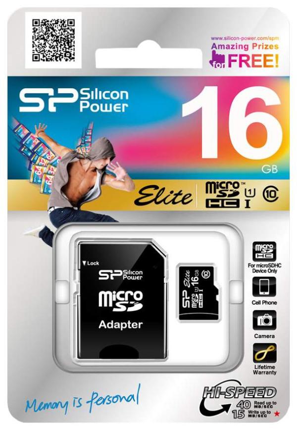 Карта памяти SDHC-micro 16GB Silicon Power UHS-I SP016GBSTHBU1V10-SP, class 10, с адаптером SD