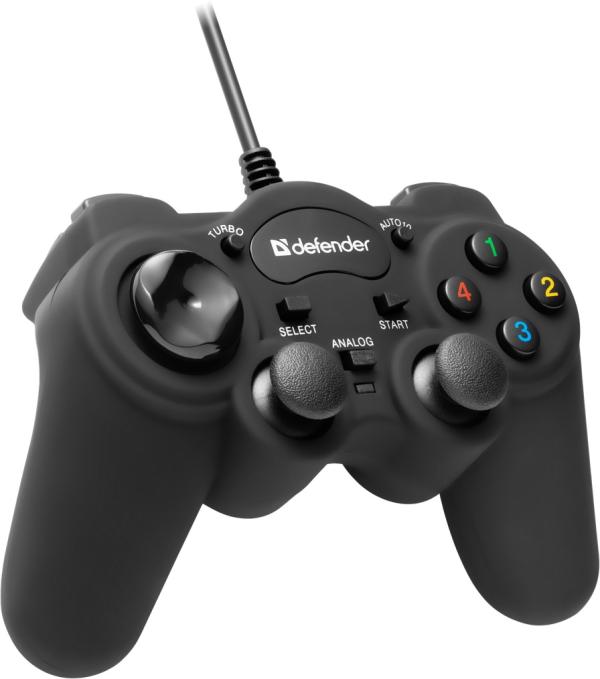 Игровой манипулятор GamePad для PC/PS2/PS3 Defender Game Racer Turbo, USB, вибрация, 4 позиции, 9 кнопок, 2 аналоговых джойстика, 4 триггера, черный, 64251