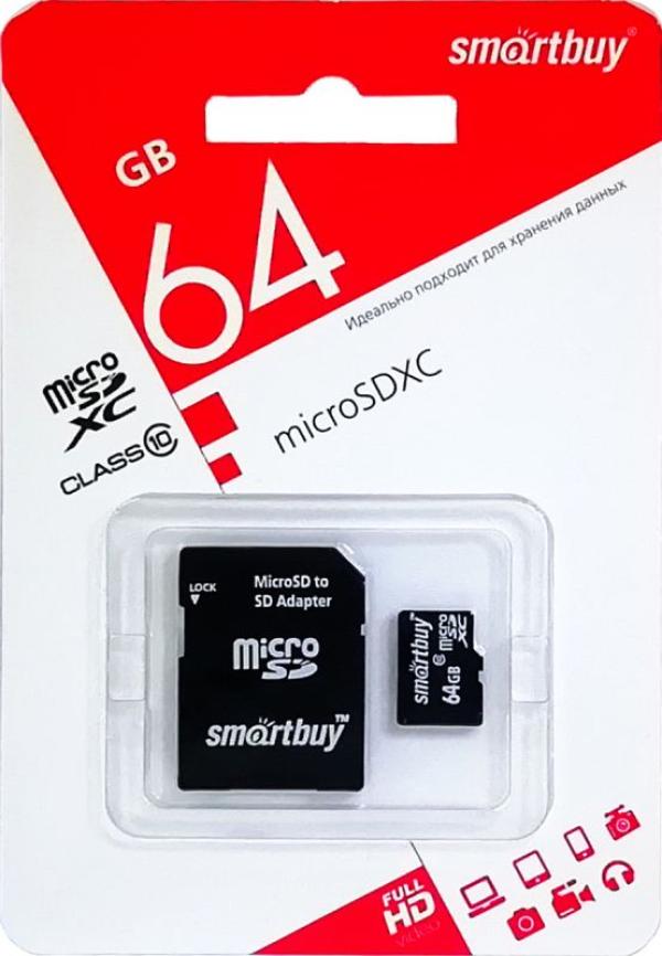 Карта памяти SDXC-micro  64GB Smartbuy SB64GBSDCL10-01LE, 30/10МБ/сек, class 10, с адаптером SD