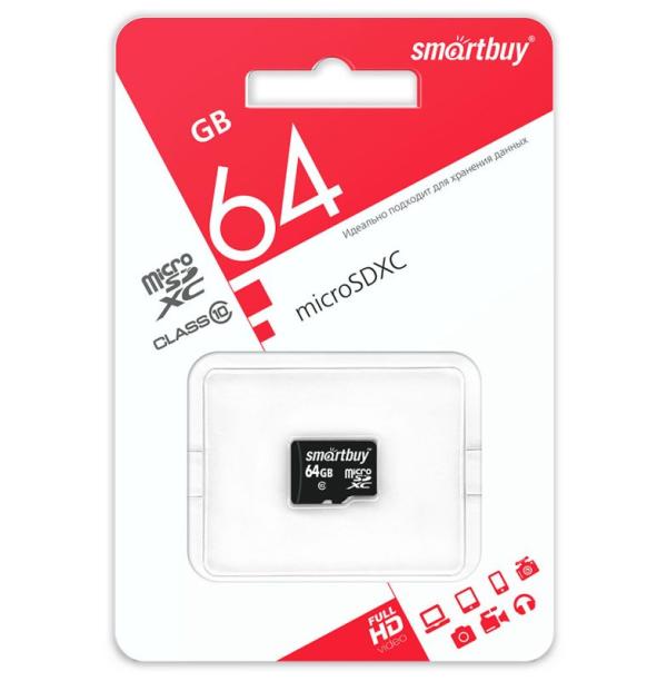 Карта памяти SDXC-micro  64GB Smartbuy SB64GBSDCL10-00LE, 30/10МБ/сек, class 10, без адаптера SD