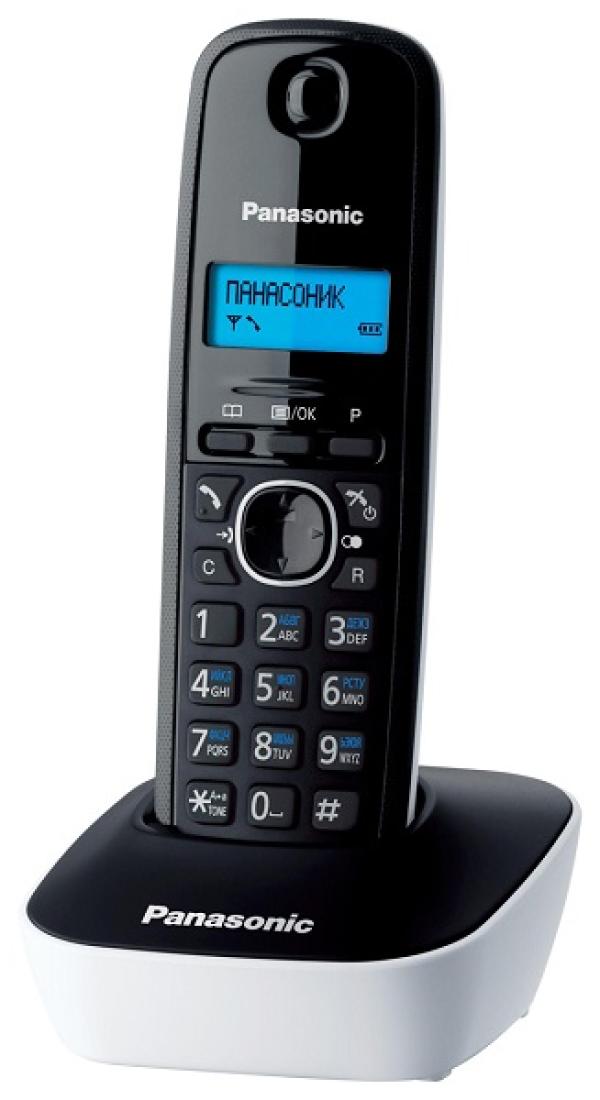 Радиотелефон DECT Panasonic KX-TG1611RUW, AOH, Caller ID, ЖКД, подсветка дисплея, 12 мелодий звонка, тел. книга 50 номеров, будильник, настенное крепление, поиск трубки, белый-черный