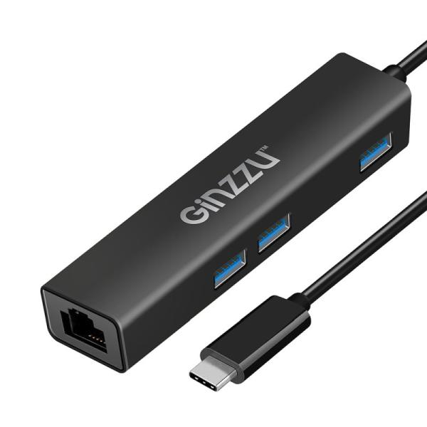 Разветвитель USB3.0 3*AF Ginzzu GR-765UB, USB-C, 3*USB 3.0, LAN, металл, черный