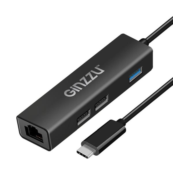 Разветвитель USB3.0 3*AF Ginzzu GR-762UB, USB-C, 2*USB 2.0, 1*USB 3.0, LAN, металл, черный
