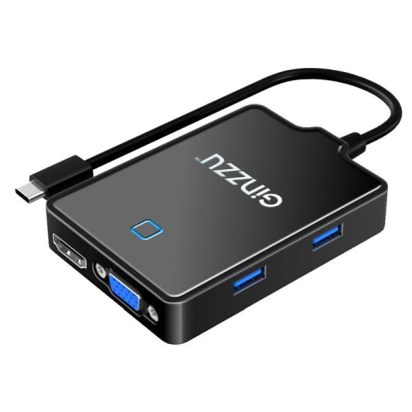 Разветвитель USB2.0  4*AF Ginzzu GR-770UB, USB-C, 4*USB 3.0, HDMI, VGA, Audio, металл, черный