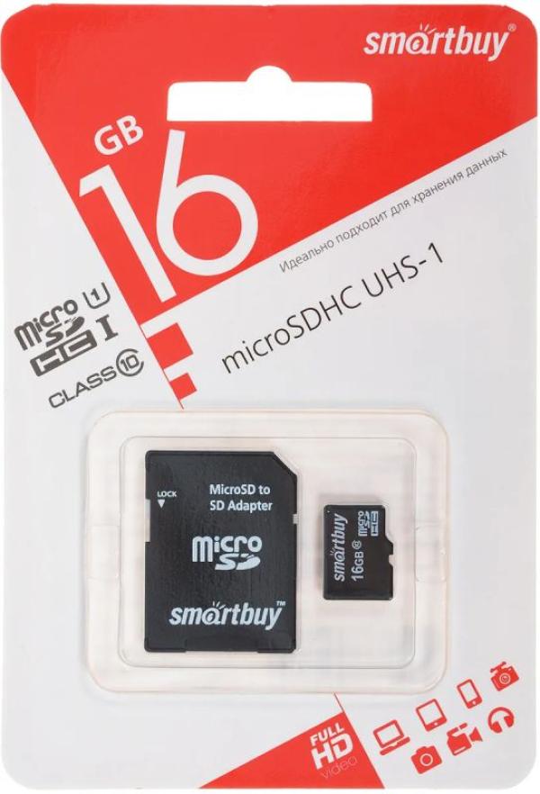Карта памяти SDHC-micro 16GB Smartbuy SB16GBSDCL10-01, class 10, с адаптером SD