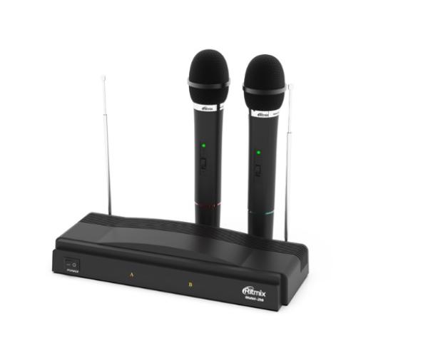 Комплект микрофоны беспроводные Ritmix RWM-210, 2 ручных микрофона + приёмник, 100..10000Гц, FM 10м, Jack, 30дБ, пластик, черный