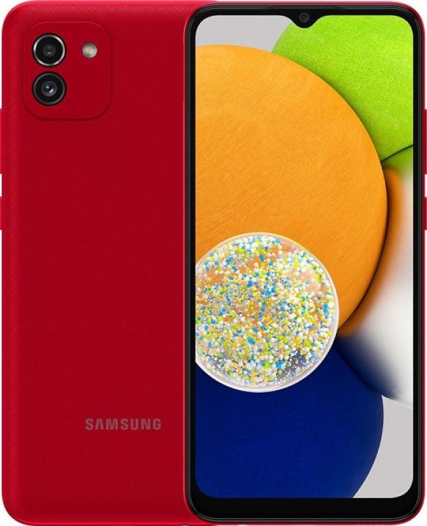 Смартфон 2*sim Samsung Galaxy A03 (SM-A035FZRGSER), Qualcomm 8*1.6ГГц, 64GB, 4GB , 6.5" 1600*720, SD-micro, 4G, WiFi, 3 камеры 48+2/5Мпикс, Android 10, 5000мАч, 75.9*164*9.1мм, 196г, красный