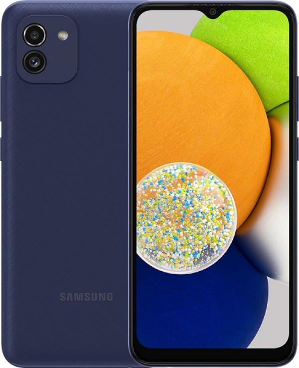 Смартфон 2*sim Samsung Galaxy A03 (SM-A035FZBDSER), Unisoc t606 8*1.6ГГц, 32GB, 3GB , 6.5" 1600*720, SD-micro, 4G, WiFi, 3 камеры 48+2/5Мпикс, Android 10, 5000мАч, 75.9*164*9.1мм, 196г, синий