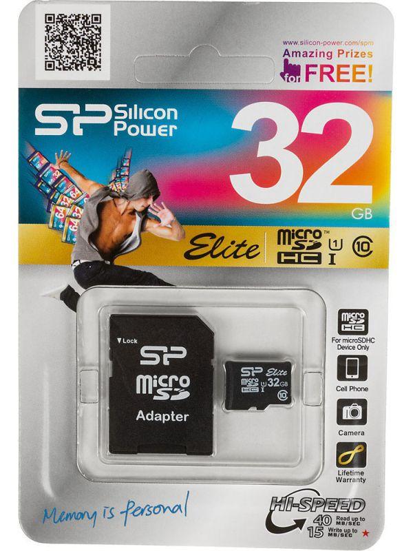 Карта памяти SDHC-micro 32GB Silicon Power SP032GBSTHDU1V10SP, class 10, с адаптером SD