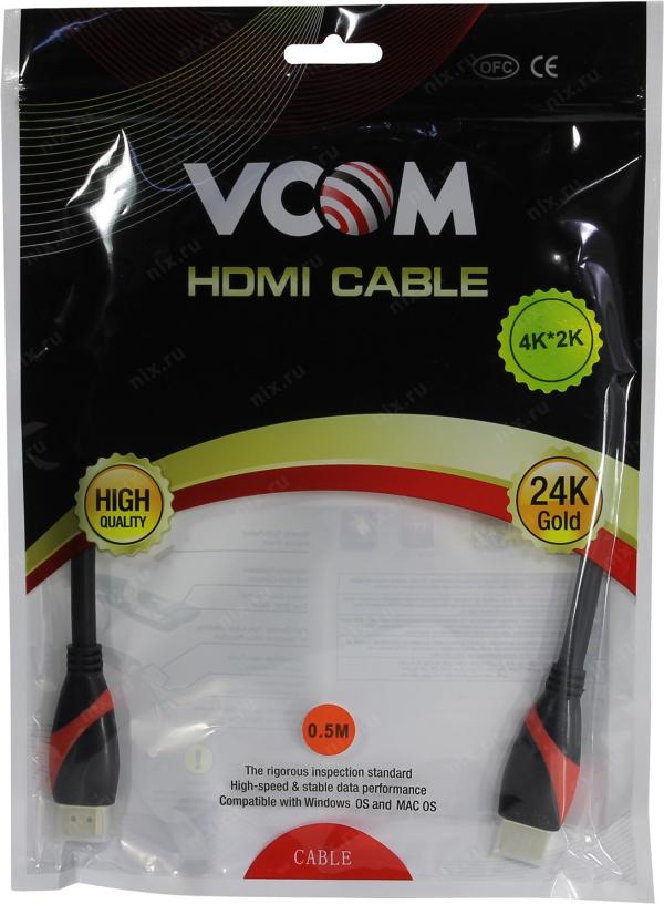 Кабель HDMI штырь - HDMI штырь   0.5м Vcom CG525-R-0.5, версия 2.0, 4K, поддержка 3D, ethernet, канал возврата аудио, позолоченный, черный-красный