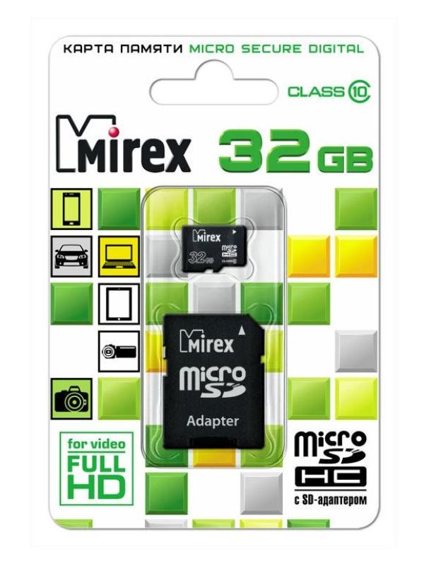 Карта памяти SDHC-micro 32GB Mirex 13613-AD10SD32, 25/10МБ/сек, class 10, с адаптером SD