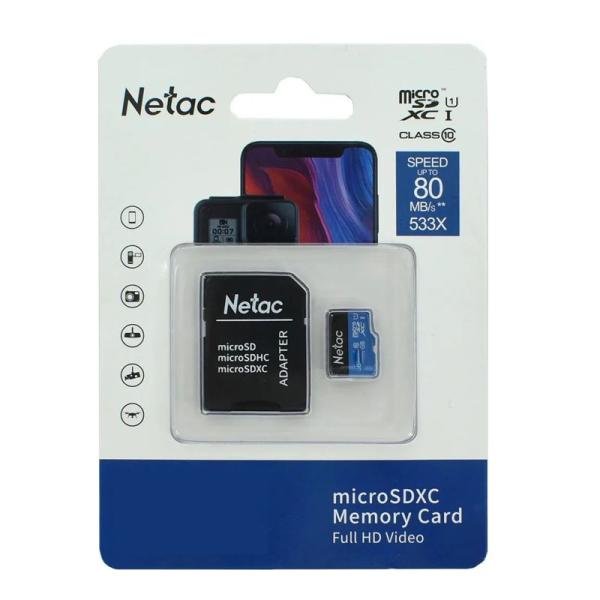 Карта памяти SDXC-micro  64GB Netac P500 (NT02P500STN-064G-R), 80/10МБ/сек, class 10, адаптер SD