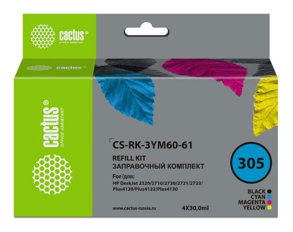 Заправочный набор Cactus CS-RK-3YM60-61, для HP DeskJet 2320/2710/2720/4120, цветной, 4*30мл, совместимый