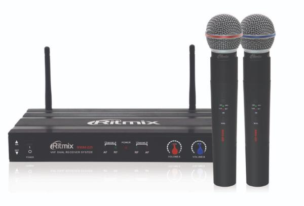 Комплект микрофоны беспроводные Ritmix RWM-221, 2 ручных микрофона + приёмник, 40..20000Гц, FM 60м, Jack, динамический, 60дБ, пластик, черный