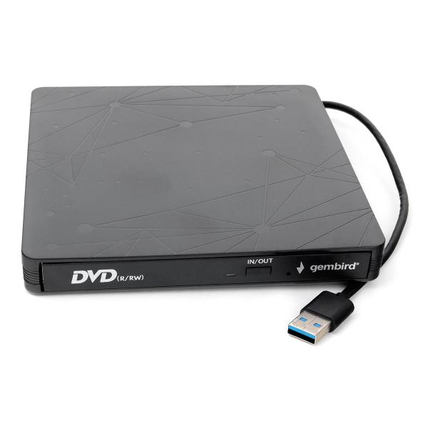 Привод DVD-RW внешний тонкий Gembird DVD-USB-03, USB3.0, DVD-Dual 6/6/8, DVD 8/8/6/8/8, DVD-RAM 3/3, CD 24/24/24, 2MB, без БП, черный