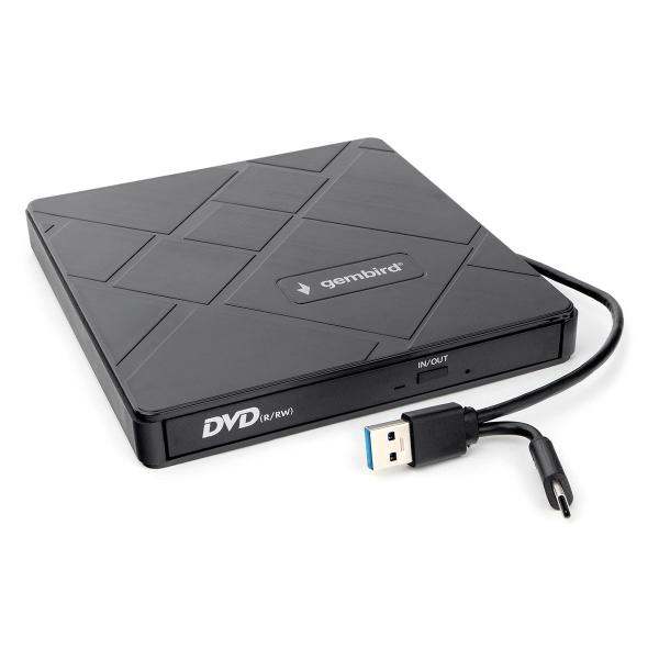 Привод DVD-RW внешний тонкий Gembird DVD-USB-04, USB3.0/USB-С, кардридер, USB хаб, DVD-Dual 6/6/8, DVD 8/8/6/8/8, DVD-RAM 3/3, CD 24/24/24, 2MB, черный
