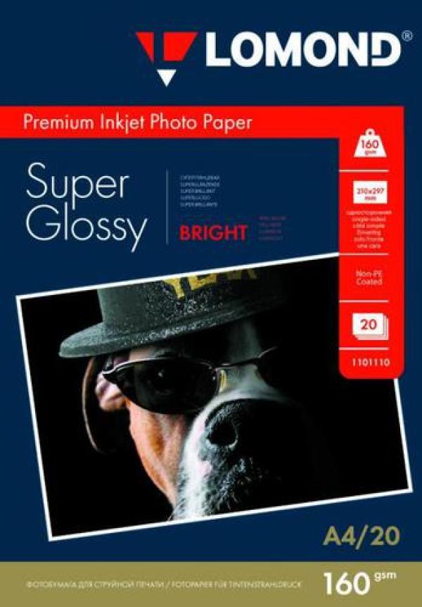 Бумага фото глянц. A4 Lomond Super Glossy 1101110, 160г/м2, односторонняя, яркий суперглянец, 20 листов