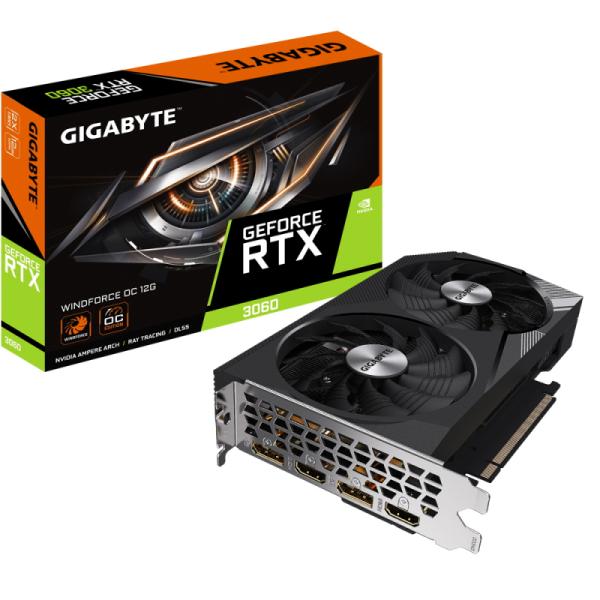 Видеокарта PCI-E GIGABYTE GeForce RTX 3060 GV-N3060WF2OC-12GD, 12GB GDDR6 192bit 1807/15000Гц, PCI-E4.0, 2*DisplayPort/2*HDMI, 170Вт