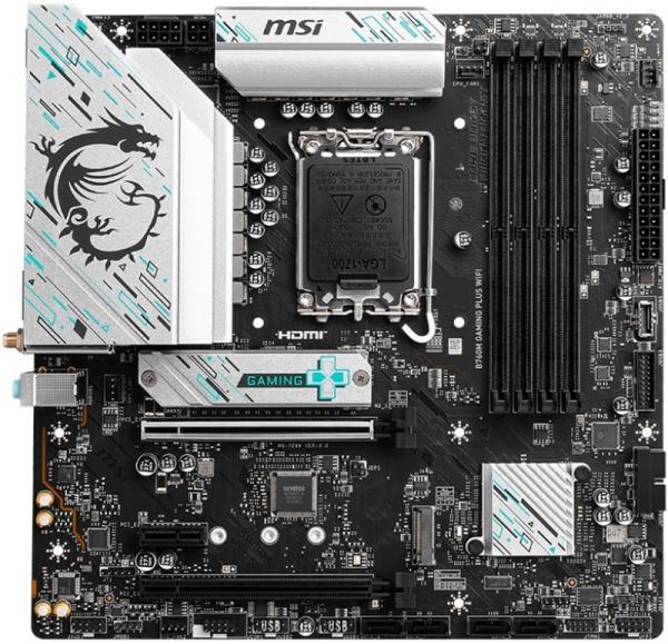 Материнская плата S1700 MSI B760M GAMING PLUS WIFI, B760, 4*DDR5 5600 Dual Channel, 2*PCI-E4.0 PCI-E3.0x1, DP/HDMI без видео, 4*SATAIII RAID(10) 2*M.2, Звук 7.1, 2*USB2.0/4*USB3.2, LAN2.5Gb, mATX