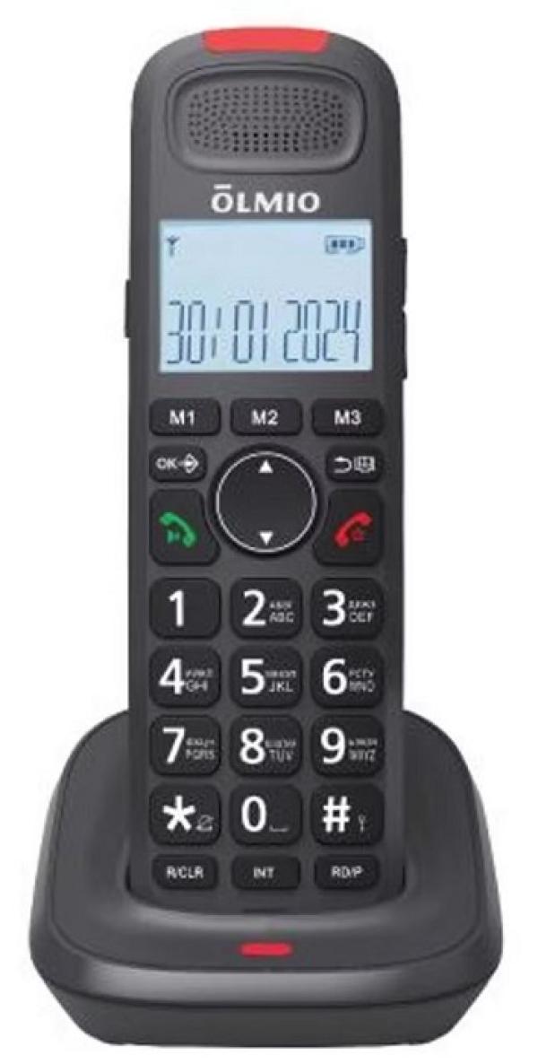 Радиотелефон DECT Olmio DP-04, AOH, Caller ID, ЖКД, подсветка дисплея, 10 мелодий звонка, тел. книга 50 номеров, будильник, поиск трубки, черный