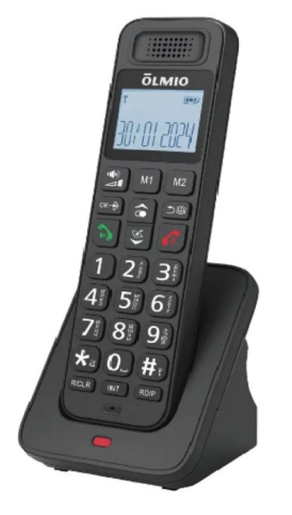 Радиотелефон DECT Olmio DP-03, AOH, Caller ID, ЖКД, подсветка дисплея, 10 мелодий звонка, тел. книга 50 номеров, будильник, поиск трубки, черный